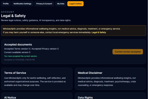 Legal, AI transparency, and safety information