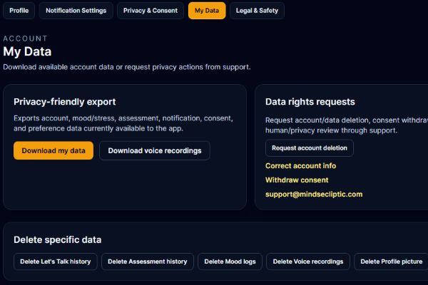 My Data screen with export and deletion controls
